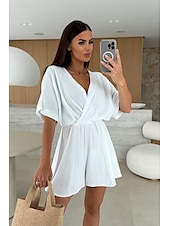 billige uformelle jumpsuits-Dame Sparkedrakter Fritid Helfarge Halvlange ermer T-skjorte V-hals Elastisk midje Høy Midje Daglig Normal Svart Hvit Rosa Sommer
