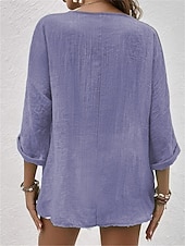 baratos Camisas-Mulheres Camisa Social Camisas com toque de linho Botão para cima Blusa Botões Tecido Básico Moderno Manga Longa Decote V Tops regulares Diário Feriado Azul Rosa Roxo Verde Verão