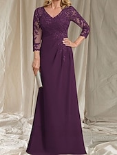 preiswerte Bodenlänge-A-Linie Brautmutter Kleid Hochzeitsgast Elegant V-Ausschnitt Bodenlänge Chiffon 3/4-Länge Ärmel mit Perlenapplikationen