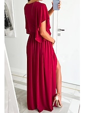 preiswerte Weiße Freizeitkleider-Damen kleid lang Formelle Kleidung Modisch Trompetenärmel Party Verabredung Regular Fit Glatt Kurzarm V Ausschnitt Schwarz Rote Blau Khaki Sommer