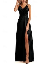 cheap Bridesmaid Dresses-A-Line Bridesmaid Dress V Neck / Spaghetti Strap Sleeveless Elegant Floor Length Satin with Split Front / Ruching