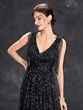 economico VERDE-Abito da sera a linea A abito scintillante formale per matrimonio lunghezza fino a terra senza maniche scollo a V tulle con glitter