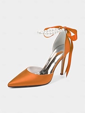 cheap Cocktail-Women&#039;s Champagne Satin Wedding Heels with Pearl Ankle Strap - Elegant Bridal &amp; Cocktail Stiletto Pumps