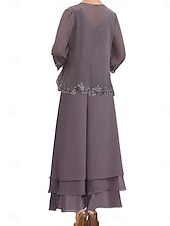 economico Tailleur pantalone della mamma-Set di Abiti Madre della Sposa Abito Ospite di Matrimonio Elegante Semplice V Collo Lunghezza Piena Poliestere Maniche Lunghe con Ricamo