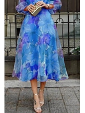 abordables Robes fleuries décontractées-Femmes Robe Midi Robe Fleurie Robe Imprimée Mode Classique Moderne Manches bouffantes Vacances Sortir Week-end Coupe régulière Fleur manche longue Col ras du cou Bleu Rose rouge Été
