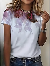 cheap Animals tee-Women&#039;s T Shirt Ombre Graphic Feather Casual Short Sleeve Round Neck Regular Tops Daily Going out Weekend Print Grass Green Sage Green White Yellow Dark Green Summer