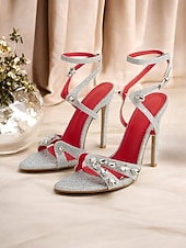 cheap Cocktail-Women&#039;s Silver Glitter Stiletto Sandals – Rhinestone Ankle Strap High Heels for Cocktail Party &amp; Evening Wear