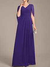 preiswerte Bodenlänge-A-Linie Brautmutterkleid Hochzeitsgast Elegant V Ausschnitt Bodenlang Chiffon Kurzarm mit Falten Raffung 2025
