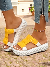 billige Uformelle sandaler-vevde plattformsandaler for kvinner - trendy gule lysbilder med åpen tå, behagelig sommerfottøy for fritids- og ferieklær
