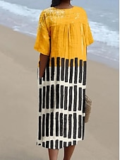 abordables Robes Rayés et Géométriques-Robe Midi Femme Robe de Plage Robe en A Robe en Lin Vacances Casual Plage lin comme Sortir Ajustement Lâche Graphique Géométrique À Manches Courtes Col en V Jaune Clair Jaune Foncé Jaune Été