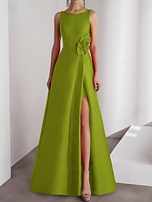 cheap RED-A-Line Evening Gown Elegant Dress Formal Wedding Floor Length Sleeveless Crew Neck Satin with Slit 3D Flower
