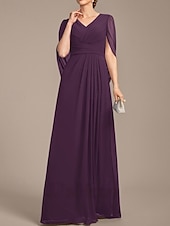 preiswerte Bodenlänge-A-Linie Brautmutterkleid Hochzeitsgast Elegant V Ausschnitt Bodenlang Chiffon Kurzarm mit Falten Raffung 2025