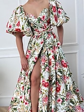 economico Abito Floreale-Abito Plus Size Maxi Donne A Line Abito Spalle Scoperte Abito Maniche Voluminose Vacanza Maniche Voluminose Quotidiana Festa Vestibilità Su Misura Grafica Maniche Corte Collo a V Verde Estate
