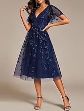 cheap Cocktail Dresses-A-Line Cocktail Dresses Elegant Dress Homecoming Party Wear Tea Length Short Sleeve V Neck Sequined with Sequin Dresses