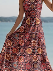 tanie Sukienki boho-Damskie Sukienka maxi Sukienka letnia Sukienka A line Sukienka na ramiączkach Codzienny Plaża Regularny Graficzny Zabytkowe Artystyczny Bez rękawów W serek Cienkie ramiączka Wino Lato Wiosna