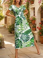 ieftine Rochii florale-Pentru femei Rochie Maxi Rochie de Vară Rochie A line Vacanță Casual Fit regulat Grafic Frunză Tropical Manșon scurt În V Trifoi Vară Primăvară