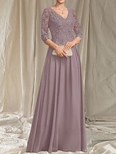 economico Lunghezza del pavimento-Linea ad A Abito da cerimonia per signora Ospite di nozze Elegante Scollo a V Lunghezza al pavimento Chiffon Manica 3/4 con Perline Applicazioni 2025
