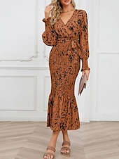 preiswerte abendkleider-Damen Midikleid Cocktailkleid Etui-Kleid Mode Urlaub Ferien Teegesellschaft Normale Passform Leopard Langarm V Ausschnitt Schwarz Khaki Aprikose Sommer