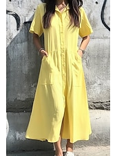 abordables concevoir des robes en coton et lin-Femmes Robe Midi Robes inspirées du lin Robe en coton et lin Mode Classique Vacances Sortir Week-end Coupe régulière Uni Manche Courte Col de chemise Rose Claire Jaune Vert Bleu clair Été