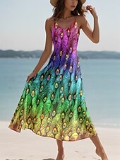 ieftine Rochii tie-dye și gradient-Pentru femei Rochie Maxi Rochie A line Rochie de vară Rochie Slip Vacanță Casual Fit regulat Ombre Grafic Fără manșon În V Curcubeu Vară Primăvară