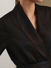 cheap Mom&#039;s Pant Suits-Pantsuit Mother of the Bride Suit Blazer Shawl Lapel Elegant Vintage Simple V Neck Long Sleeve With Wrap on Waist Floor Length Flared Pants Stretch Satin