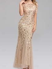 cheap Floor Length-Mermaid / Trumpet Wedding Guest Dresses Elegant Dress Wedding Guest Birthday Floor Length Short Sleeve Crew Neck Tulle with Sequin Embroidery