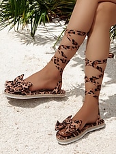 billige Ferietøfler-solsikke-gladiatorsandaler for kvinner – flate sandaler med snøring med sløyfedetalj og leopardprint for sommerstrandtøy og feriestil