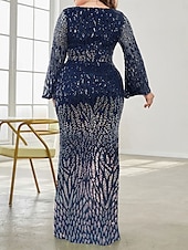 baratos AZUL-Vestido Plus Size Mãe da Noiva Vestido de Curvas Elegante Festa Decote em V Comprimento do Chão Spandex Manga Longa com Lantejoula 2025