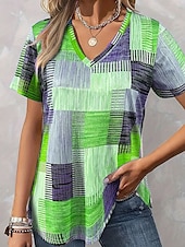 cheap Stripe&amp;Geometric tee-Women&#039;s Blouse Graphic Geometric Casual Short Sleeve V Neck Regular Tops Daily Print Blue Purple Orange Green Summer Spring