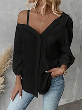 preiswerte Damen Einfache Oberteile-Damen Hemd Einfarbig Stilvoll Lässig Langarm Hemdkragen Normale Oberteile Täglich Knöpfe Tasche Schwarz Weiß Grün Aprikose Sommer