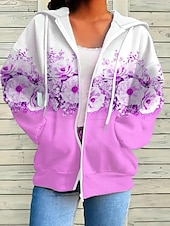 tanie Kwiatowe topy-Kobieca bluza z zamkiem błyskawicznym oversize kwiatowa active vintage sportowa długi rękaw kaptur regularne bluzki casualowe wakacyjne z regulacją kieszeń z przodu różowy niebieski fuksja zielony