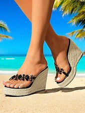 tanie Sandały wakacyjne-damskie sandały na koturnie z przezroczystym paskiem i czarnymi zdobieniami z kamieni szlachetnych – szykowne espadryle na letnie wakacje na plaży i nieformalne wyjścia