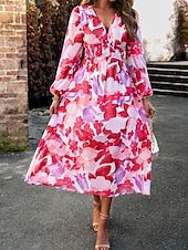 cheap Floral Dress-Women&#039;s Midi Dress A Line Dress Fit And Flare Dress Puff Sleeve Dress Vacation Casual Vacation Daily Regular Fit Graphic Long Sleeve V Neck Red Blue Green Apricot Summer