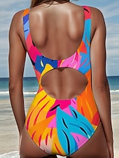 preiswerte Einteilige Badeanzüge-Damen Badeanzüge Einteiliger Monokini Hochschnitt Badeanzug Rückenfrei Bauchkontrolle Hohe Taille Schlank Urlaub Vintage Grafik Geometrisch U-Ausschnitt Ärmellose Badeanzüge