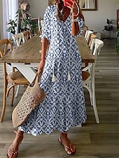 tanie Sukienki boho-Damskie Długa sukienka sukienka maxi Sukienka Boho Sukienka z nadrukiem Sukienki Peplum Romantyczna Nowoczesny Bufka Codzienny Święto Plaża Luźna Graficzny Kwiat Rękaw 1/2 W serek Rumiany r