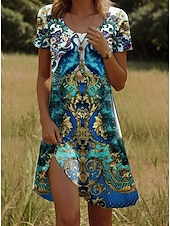 levne Boho šaty-Ženské mini šaty A-line šaty tričkové šaty T-shirt šaty sundress dovolená boho pláž každodenní pravidelný střih geometrické paisley krátký rukáv kulatý výstřih safírová léto