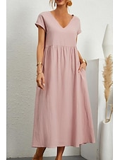 economico Vestiti-Per donna Abito Midi Abiti ispirati al lino Abito in cotone e lino Essenziale Classico Moderno Vacanza Quotidiano Ferie Vestibilità regolare Semplice Manica Corta Scollo a V Nero Verde chiaro Rosa