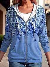 levne Květinové topy-Dámská mikina s kapucí na zip oversized květinová aktivní vintage sportovní dlouhý rukáv s kapucí běžné topy příležitostné prázdninové s šňůrkou přední kapsa modrá fuchsie zelená jaro podzim