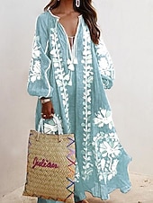 billiga Boho-klänning-Dam Midiklänning A linjeklänning Puffärmsklänning Semester Födelsedag Semester Fest Grafisk Långärmad V-hals Rubinrött Blå Himmelsblå Orange Vår Höst