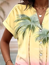 economico Arte &amp; Design Bluse-Cammicia da donna V Neck Button Down Blusa Top Estivi Ombre Grafica Albero Tropicale Quotidiana Hawaiian Manica Corto Collo Regolari Top Quotidiani Bottoni Stampa Gialla Estate