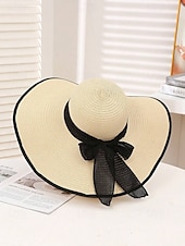 billiga Kvinnors hattar-elegant solhatt med bred brätte för kvinnor – sommarhatt i stråhatt med svart rosett, UV-skydd, hopfällbar floppy hatt för semester, trädgårdsfester och utomhusresor