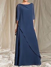 halpa Lattian pituus-A-linja Morsiamen äidin mekko Häiden vieras Elegantti Crew-kaula-aukko Lattianpituinen Chiffon 3/4-pituisella hihalla Helmiäistyksellä
