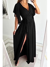 preiswerte Weiße Freizeitkleider-Damen kleid lang Formelle Kleidung Modisch Trompetenärmel Party Verabredung Regular Fit Glatt Kurzarm V Ausschnitt Schwarz Rote Blau Khaki Sommer