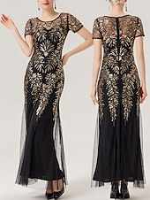 cheap Under $129.99-Dress Mother of the Bride Dress Party Black Dress Sparkle &amp; Shine Crew Neck Floor Length Polyester Short Sleeve with Sequin