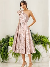 cheap Cocktail Dresses-Evening Gown Jacquard Brocade Pleated Dress Formal Wedding Tea Length Sleeveless One Shoulder with Bow(s) Wedding Guest Dress