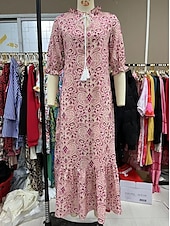 billige Boho-kjoler-Dame Lang kjole Maxikjole Boho-kjole Print kjole Peplum kjoler Romantikk Klassisk Elegant kjole Puffermer Feriereise Ut på byen Vårkjole Løstsittende Grafisk Blomsternål i krystall Halvlange ermer