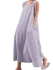 abordables Robes décontractées-robe midi femme robe décontractée mode classique moderne vacances quotidien sortie coupe classique à carreaux sans manches col carré noir jaune vert clair rose été