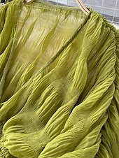 billiga Dressiga toppar-Dam Blus Chiffong toppar Slät Stylish Långärmad Puffärm V-hals Crop Tops Helgdag Utekväll Rynkad Svart Vit Purpur Grön Vår