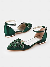 abordables Officiel-ballerines à bout pointu ornées de pierres précieuses vertes – chaussures de mariage et de soirée pour femmes de style vintage