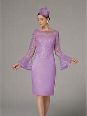 preiswerte Teelänge-Sheath Kleid Mutter der Braut Kleid Elegantes Vintage Luxuriös Juwelen-Hals Knie-Länge Satin Spitze Langarm Tee-Länge mit Applikationen
